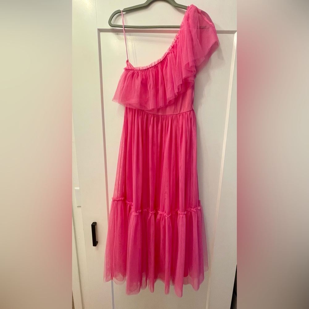 Adore You One Shoulder Tulle Tiered Midi Dress, pink size medium